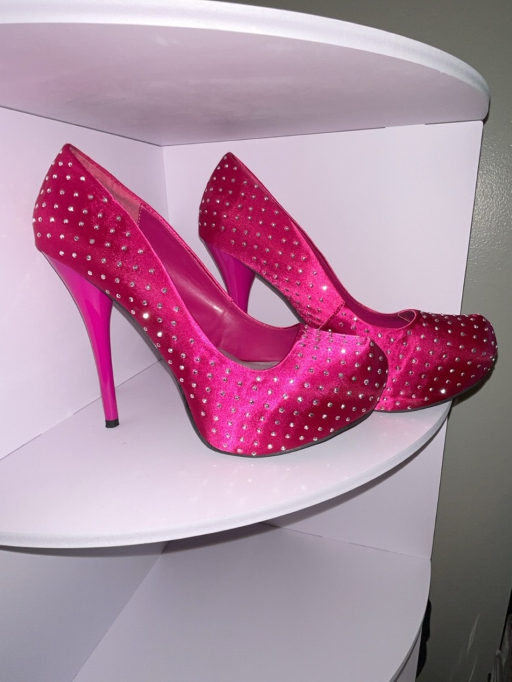 Charlotte Russe Fuchsia Crystal-Embellished Satin Stilettos